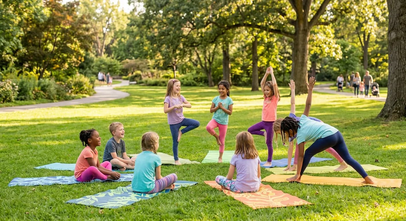 Kinder machen gemeinsam Yoga im Park