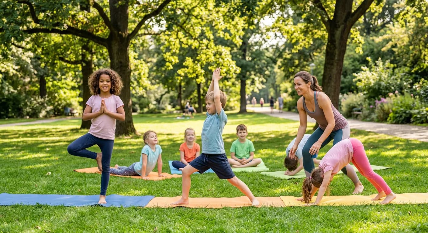 Kinder und Eltern beim gemeinsamen Yoga
